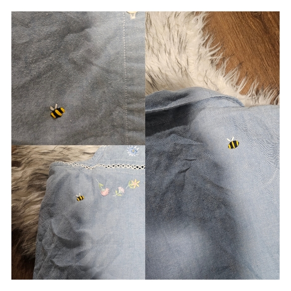 Vintage Sleeveless Blue Denim Button Up Tank Top with Floral & Bee Embroidery - Picture 5 of 7